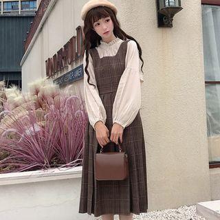 Mock Neck Shirt / Plaid Midi A-line Pinafore Dress