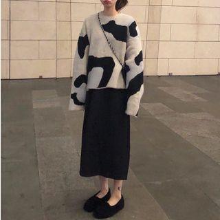 Milk Cow Print Sweater / Midi Slit A-line Skirt