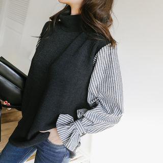 Mock-neck Stripe-sleeve Knit Top