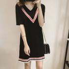 Elbow-sleeve Pleated Hem T-shirt Dress