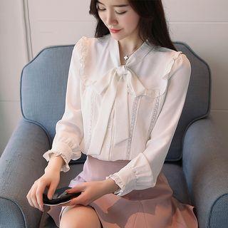 Lace Trim Bow Accent Chiffon Blouse