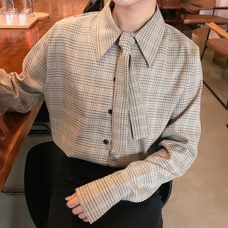 Detachable Necktie Plaid Shirt Coffee - One Size