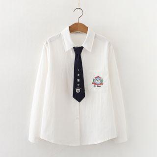 Pocket-front Bear Embroidered Long-sleeve Shirt With Tie