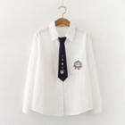 Pocket-front Bear Embroidered Long-sleeve Shirt With Tie