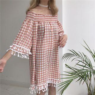 Tasseled Gingham Off Shoulder 3/4 Sleeve Dress