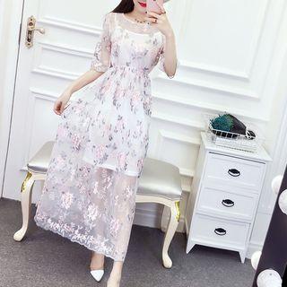 Set: Slipdress + Elbow-sleeve Floral Embroidery Midi Dress