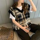 Plaid V-neck Knit Vest Black - One Size