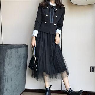 Lace-trim Ribbon Blazer / Mesh Midi Skirt