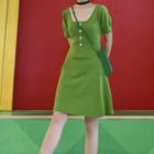 Knitted Short-sleeve A-line Dress Green - One Size