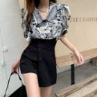 Puff-sleeve Print Blouse / High-waist Plain Asymmetrical Skort