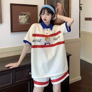 Short-sleeve Cartoon Print Polo Shirt / Shorts
