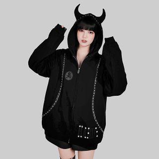 Devil Horn Accent Studded Zip-up Hoodie