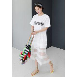 Short-sleeve Mesh-overlay Lettering Long Dress