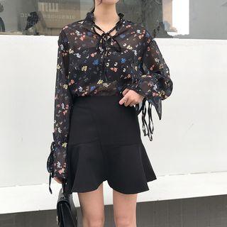 Set: Floral Blouse + A-line Skirt