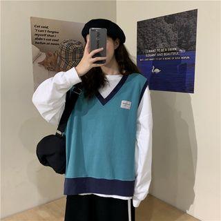 Plain Pullover / V-neck Two-tone Vest