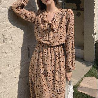 Puff-sleeve Printed Midi A-line Dress (various Designs)