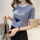 Short-sleeve Heart Embroidered Knit Top