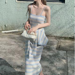 Spaghetti Strap Striped Ribbed Maxi Bodycon Dress / Open-front Long Sleeve Cardigan