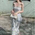 Spaghetti Strap Striped Ribbed Maxi Bodycon Dress / Open-front Long Sleeve Cardigan