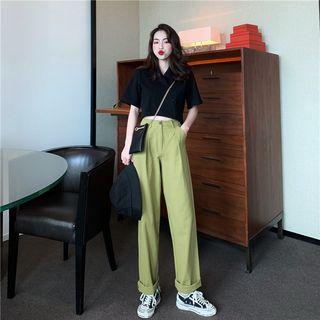 Short-sleeve Diagonal Button Crop Top / Straight-cut Pants