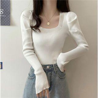 Puff Sleeve Square Neck Ribbed Top