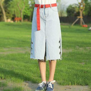 Eyelet Detail Slit Hem Midi Denim Skirt
