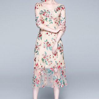 Elbow-sleeve Midi Embroidered Lace Dress