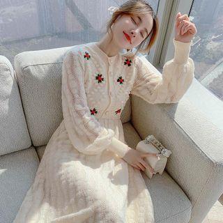 Flower Embroidered Knit Midi A-line Dress