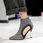 Plaid Cutout Pointed High-heel Ankle Boots