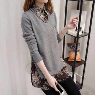 Mock Two Piece Floral Print Panel Collared Sweater