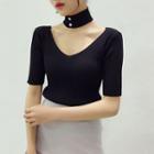Short Sleeve Knit Top With Choker