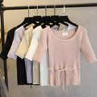 Elbow-sleeve Tie-waist Knit Top