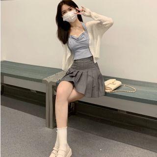 Lace Trim Camisole Top / Cardigan / Pleated Mini A-line Skirt