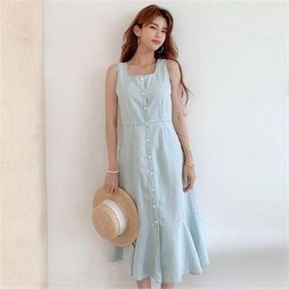 Buttoned Ruffle-hem Denim Pinafore Dress With Belt Light Blue - One Size