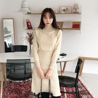 Mock-neck Ribbed-hem Knit Dress