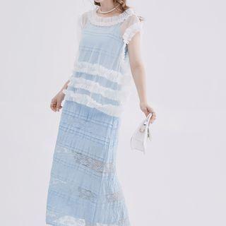 Short-sleeve Ruffled Mesh Top / Sleeveless Midi Sheath Dress