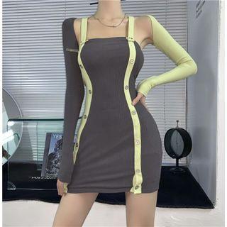 Set: Long-sleeve Two-tone Crop Top + Spaghetti Strap Button-up Mini Sheath Dress