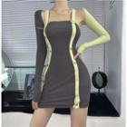 Set: Long-sleeve Two-tone Crop Top + Spaghetti Strap Button-up Mini Sheath Dress