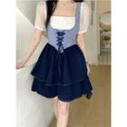 Short-sleeve Mock Two-piece A-line Mini Dress