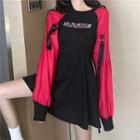 Lettering Color Block Long-sleeve A-line Dress