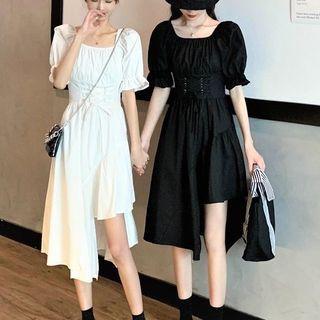 Short-sleeve Lace Up Asymmetrical A-line Dress