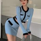 Two Tone Ribbed Cropped Knit Top / High-waist Two Tone Skinny Mini Skirt