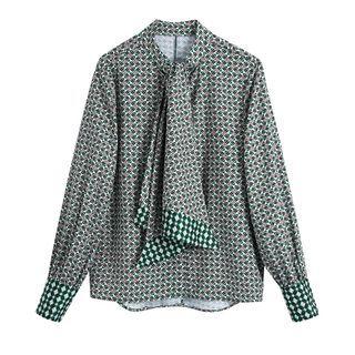 Long-sleeve Tie-neck Retro Print Blouse