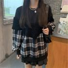 Long-sleeve Plaid Shearling Panel Sweatshirt As Shown In Figure - One Size