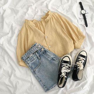 Short-sleeve Plain Blouse Yellow - One Size