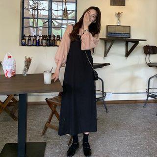 Long-sleeve Blouse / Spaghetti Strap Midi Pinafore Dress