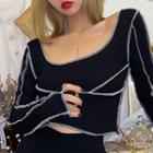 Long-sleeve Contrast Stitching Crop Top
