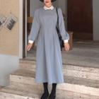 Collared Puff-sleeve Dress Blue - One Size