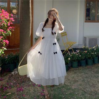 Square Neck Bow Midi A-line Dress