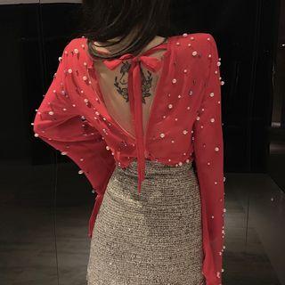 Open Tie-back Faux-pearl Chiffon Top